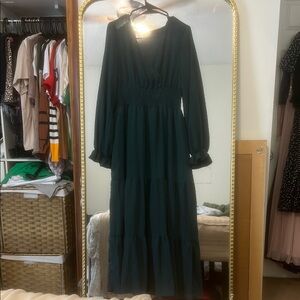 Green Pleated Long Sleeve Sundress for Wedding Guests